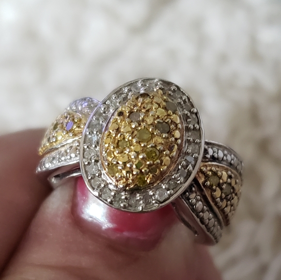 Sz 5, Yellow & White Diamond Ring, 925 Silver, TGW 0.25 Carats, NWT - Picture 1 of 11